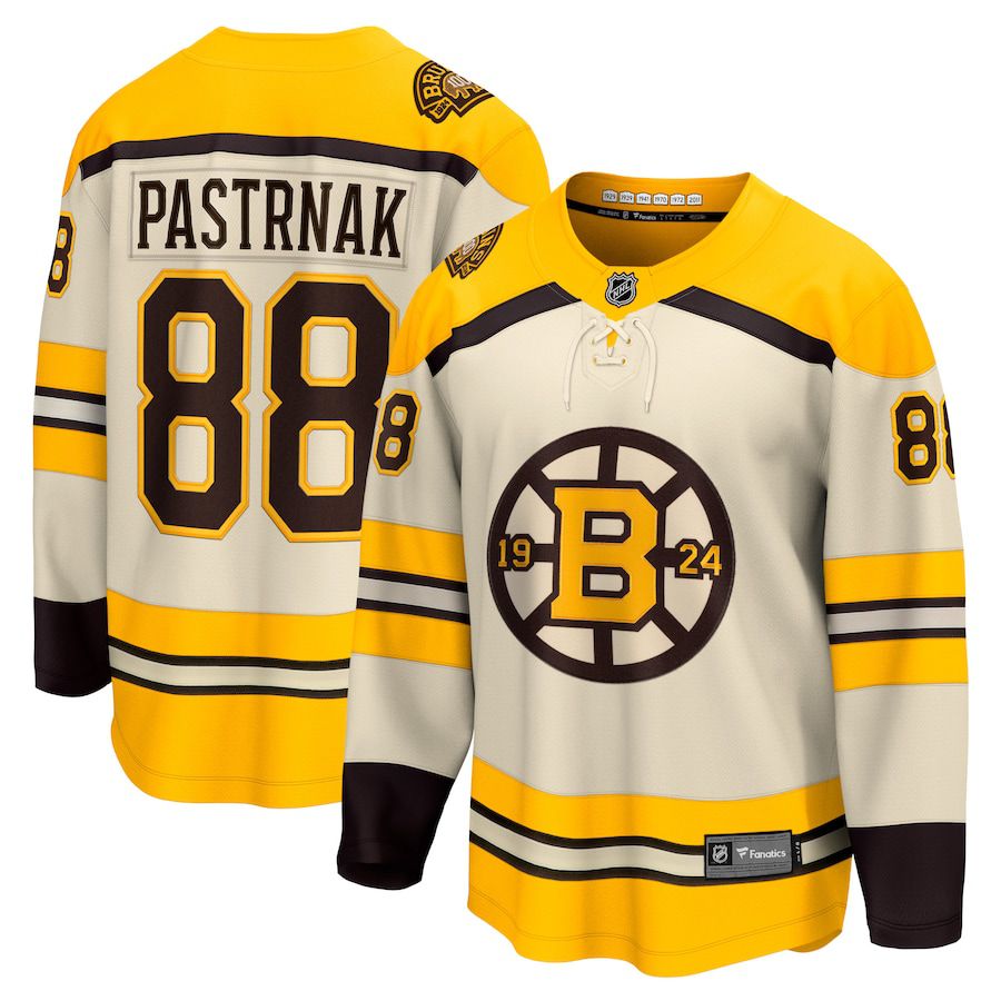Men Boston Bruins 88 David Pastrnak Fanatics Branded Cream 100th Anniversary Premier Breakaway Player NHL Jersey